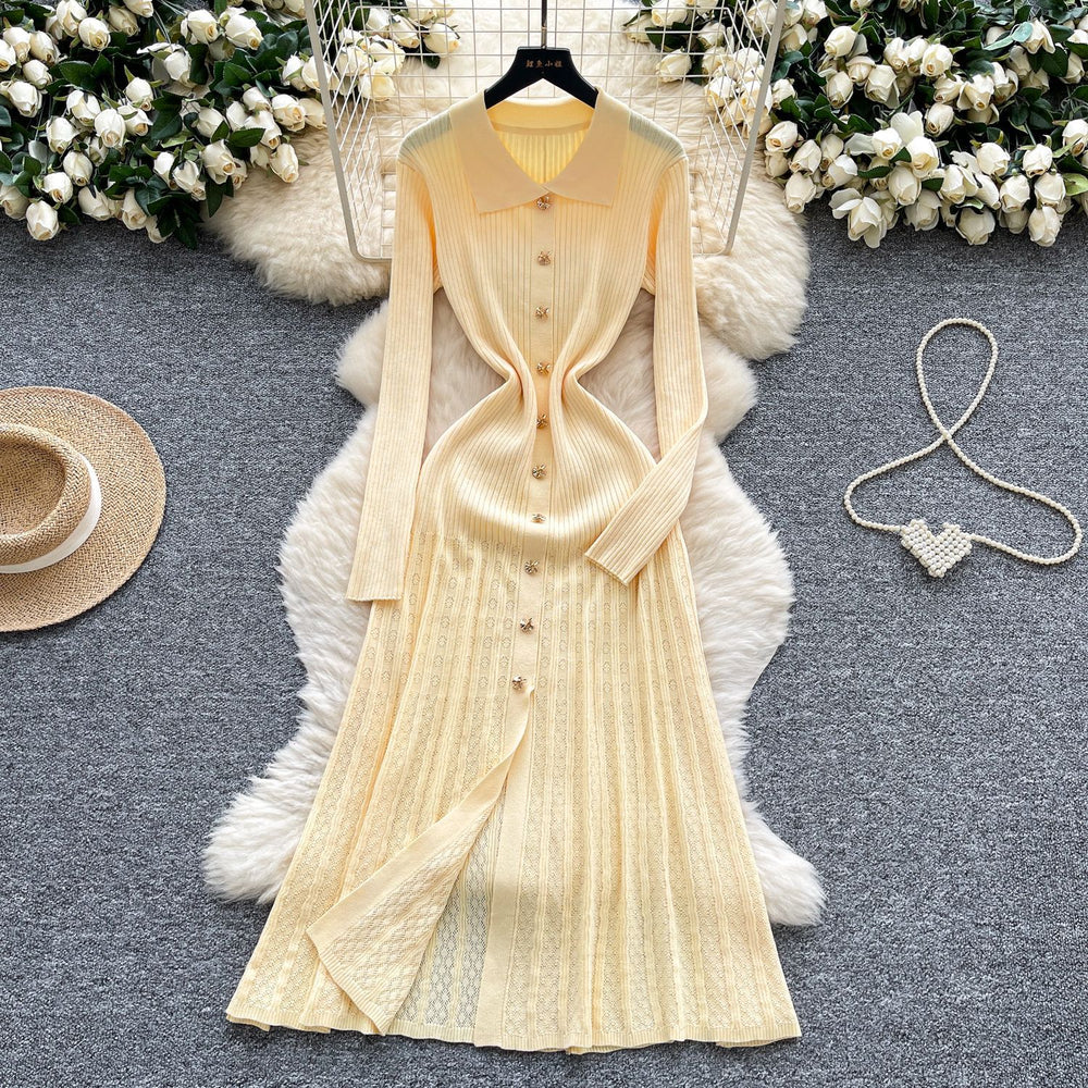 French retro polo collar long sleeve metallic buckle waist dress women's autumn slimming elegant crochet knit maxi dress