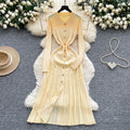 French retro polo collar long sleeve metallic buckle waist dress women's autumn slimming elegant crochet knit maxi dress