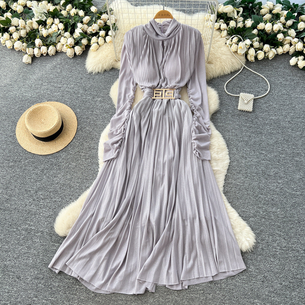 high-end v neck pleated long sleeves waist dress women's slimming look a-line long skirt work clothingelegant large swing long skirt