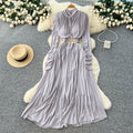 high-end v neck pleated long sleeves waist dress women's slimming look a-line long skirt work clothingelegant large swing long skirt