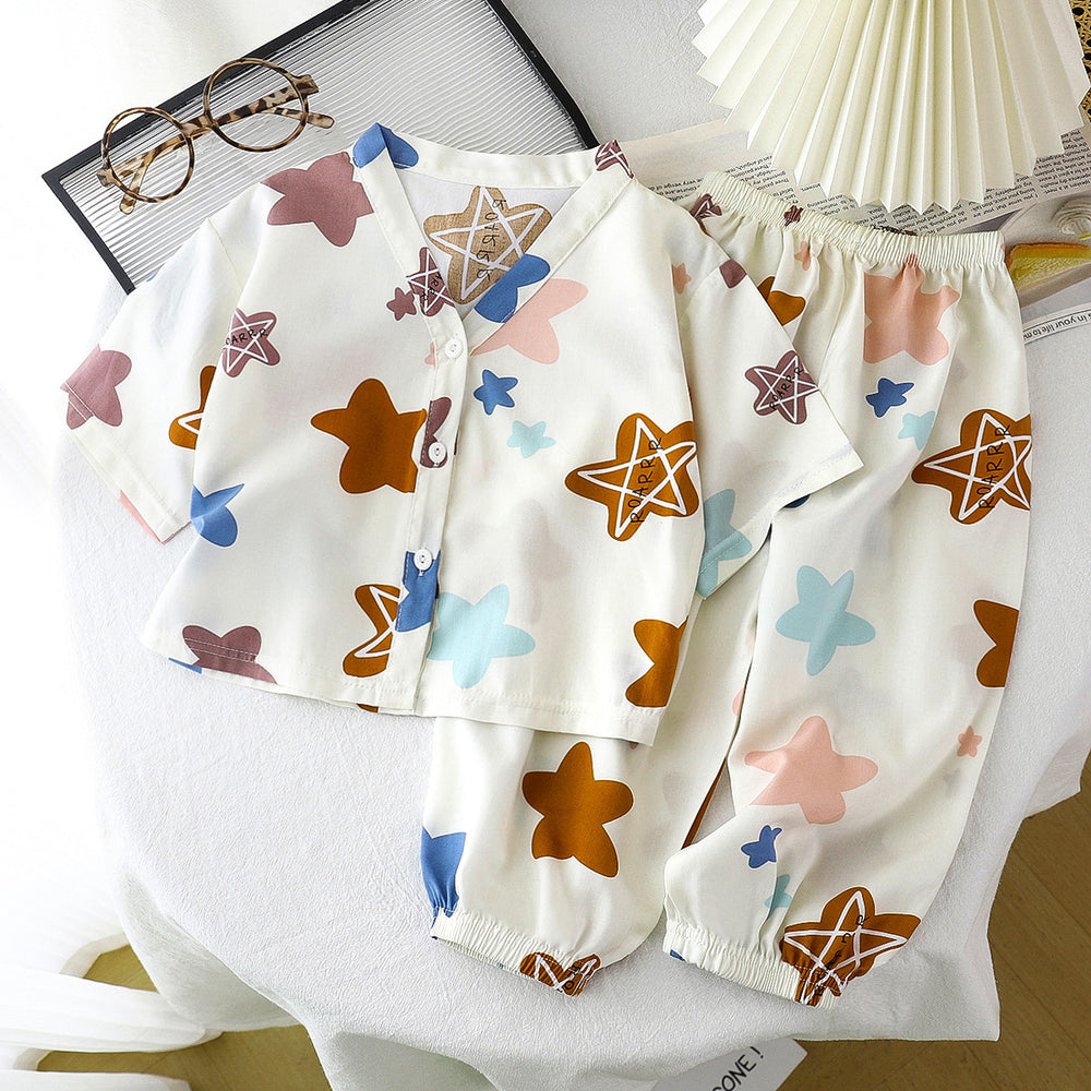 Kids' cotton linen pajama set - summer boys' and girls' sleepwear - rayon two-piece set - cotton linen air conditioning suit - children's clothing