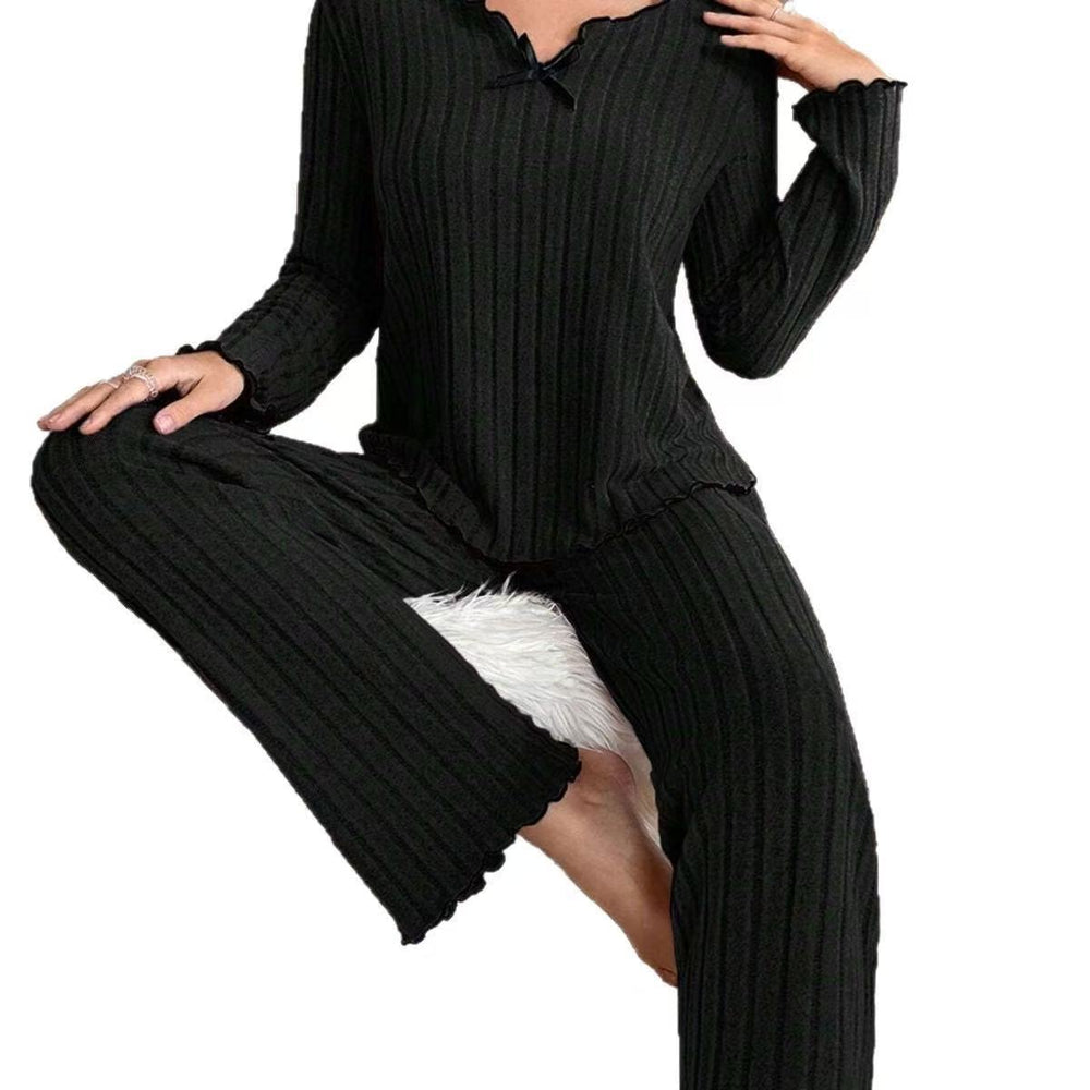 New european and american style cross-border  hot-selling black trim casual loungewear set - fleece knit ribbed home outfit, suitable for wearing outdoors