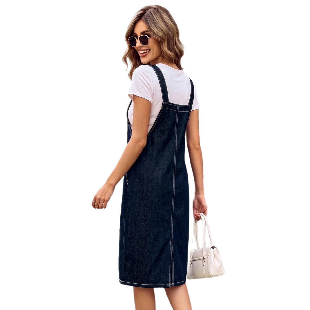 Fashion cross-border export  new arrivalretro wide shoulder strap front flap pocket pants side washed denim workwear suspender skirt