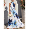 Amazon  summer new arrival: elegant casual vacation style floral stand collar tie sleeveless maxi dress for women