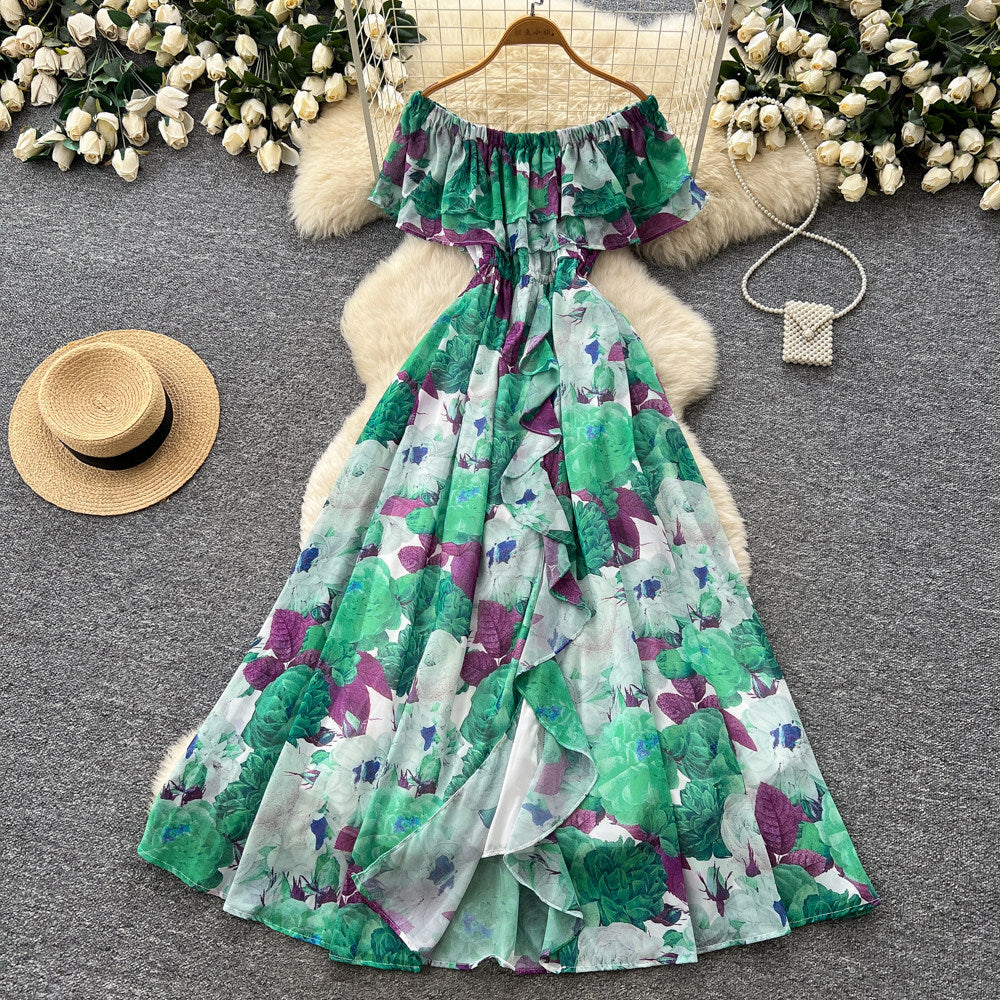 Pure desire style one shoulder ruffles floral dress women's summer sleeveless waist slimming lookelegant vacation style long dress