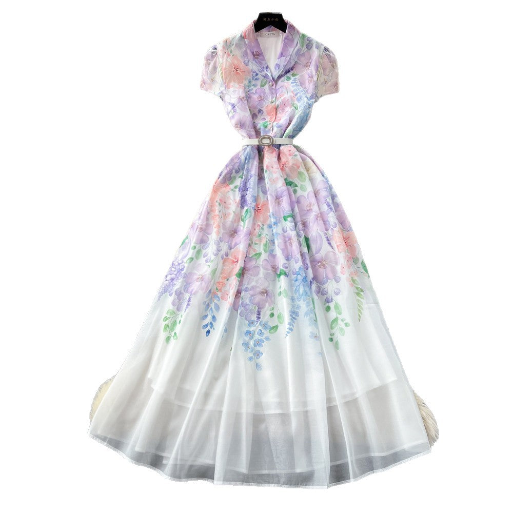 Vacation style v necktie back waist printingdress women's summer short-sleeved lapel long skirt elegantwork clothing women's clothing