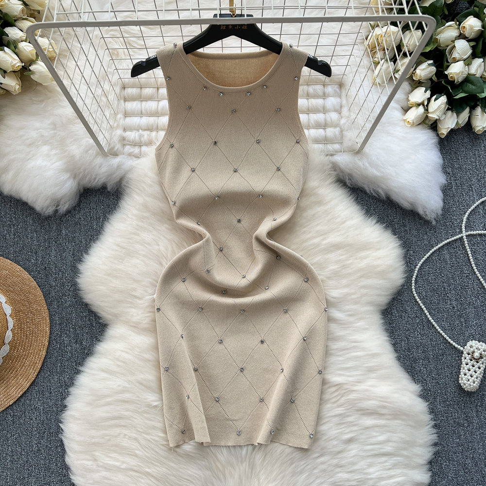 Accessible luxury diamond quiltedknittingdress women's elegant round neck silm short stretch wrap skirt sleeveless vest skirt