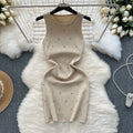 Accessible luxury diamond quiltedknittingdress women's elegant round neck silm short stretch wrap skirt sleeveless vest skirt