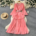 Heavy industry diamond-encrusted bell sleeves pleated sequindress women's red waist slimming look a-line large skirt qianjin style