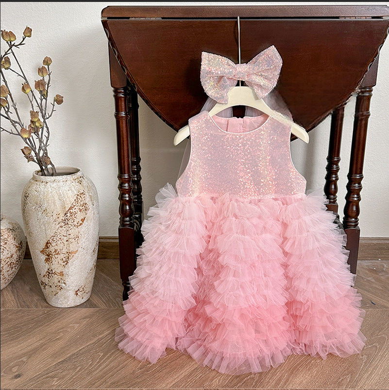 summer girls' gradient soft tulle skirt sequin dress princess chic lace cake skirt wholesale