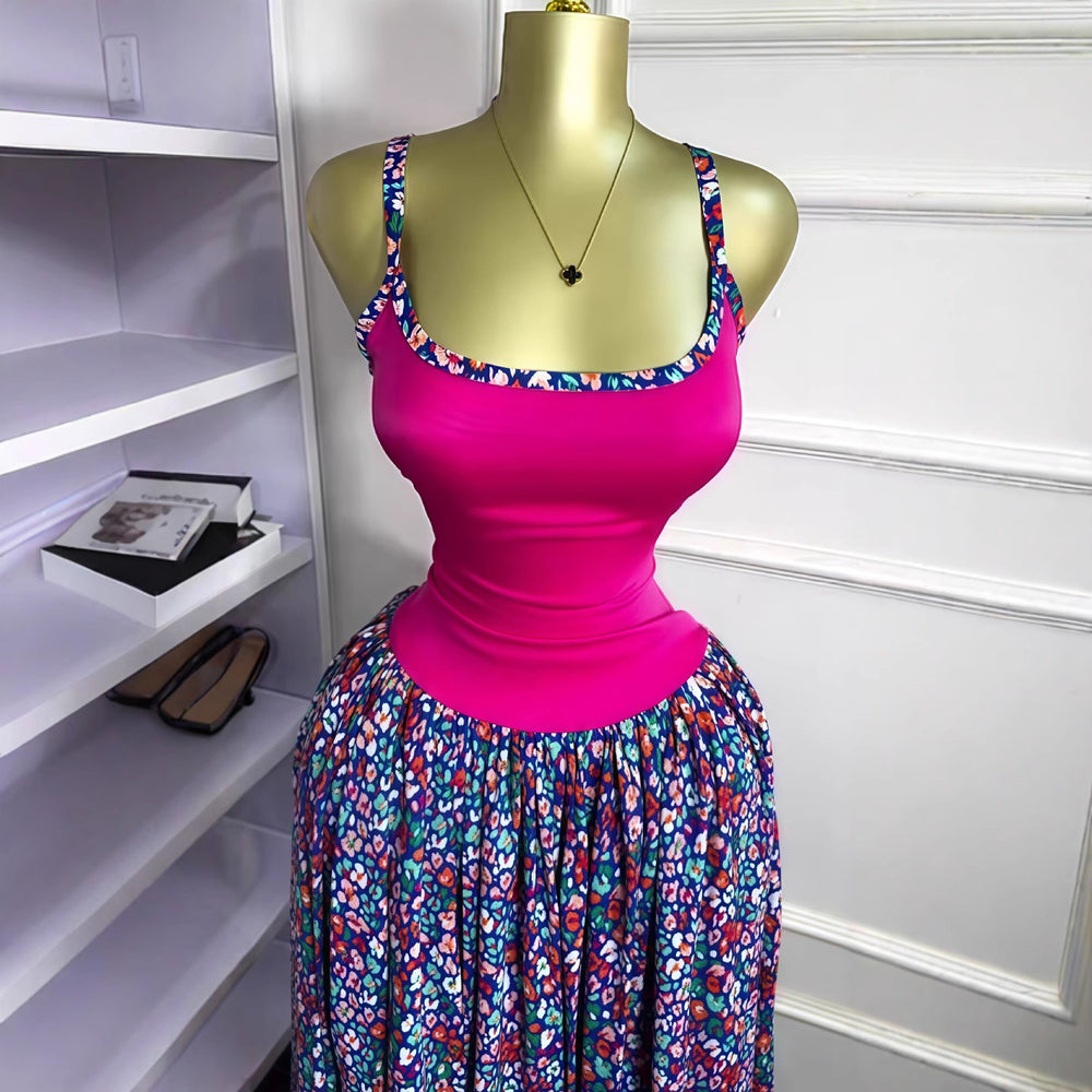 European and american cross-border women's fashion  summer new sleeveless printed sexy camisole bodycon ruched maxi dress
