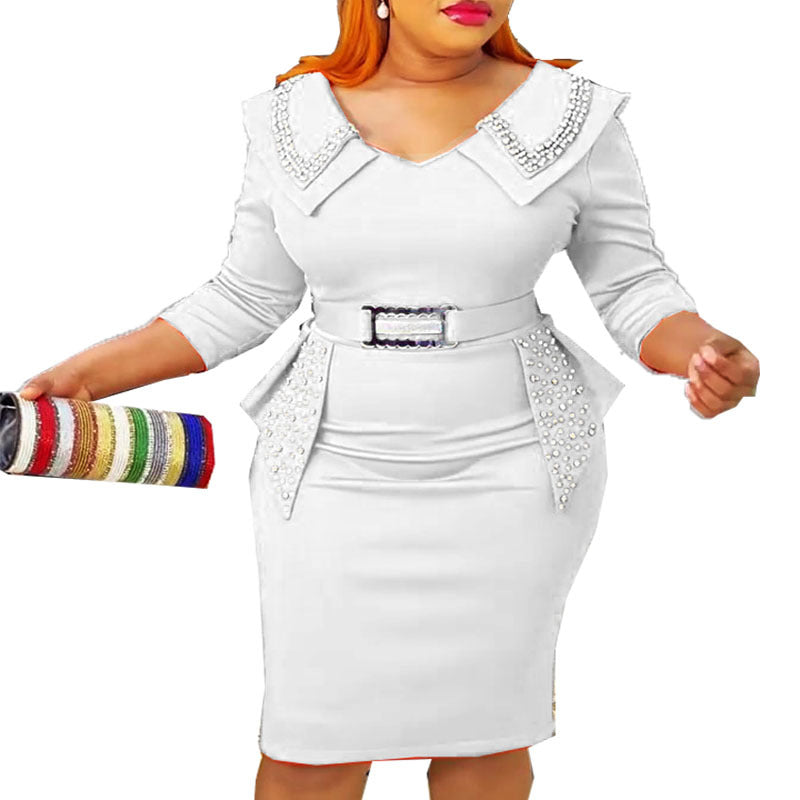 new african cross-border fashion: women's short-sleeve, bodycon, beaded, professional-style dress