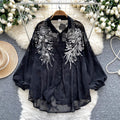 Luxury-inspired, heavily embellished beaded & sequined embroidered lantern sleeve blouse - women's summer lightweight, loose-fit outerwear long sleeve top