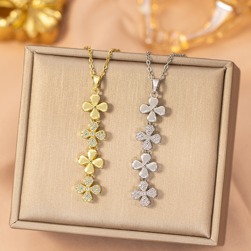 [titanium steel] cross-border popular diamond-filled four-leaf clover long necklace for women, accessible luxury, high-end niche clavicle chain jewelry
