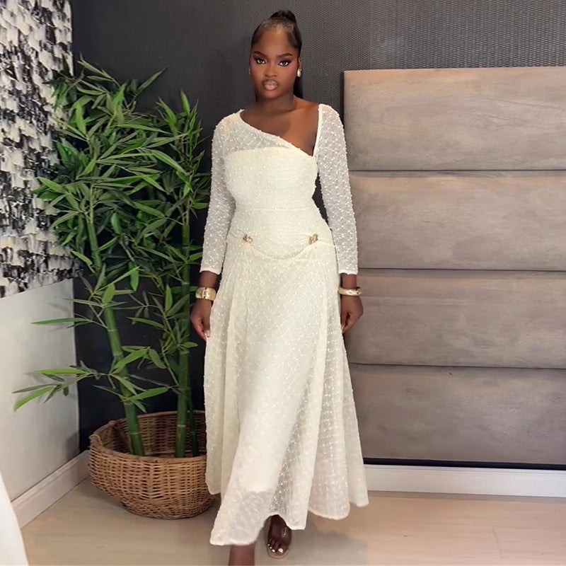 European and american women's clothing  autumn new sweet and fresh one-shoulder long sleeve high-waisted slimming a-line maxi dress