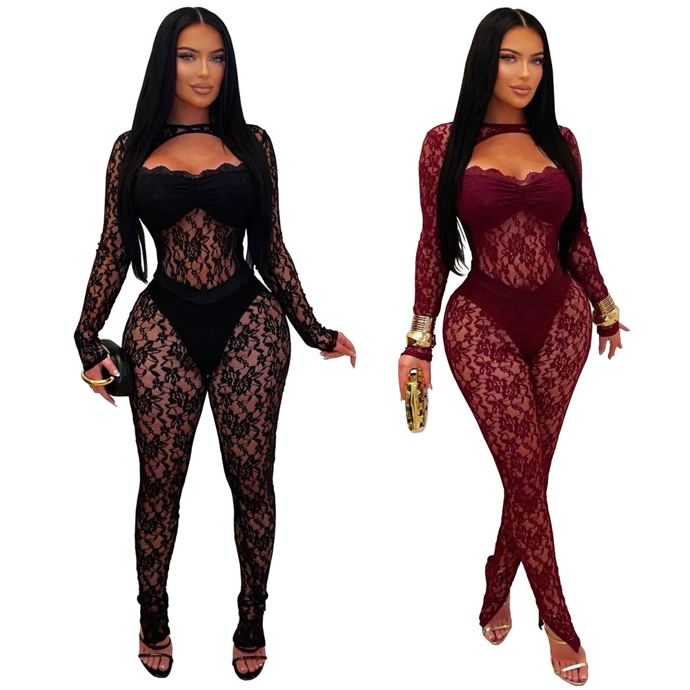 C7637 cross-border   fashion women's sexy see-through lace bodycon jumpsuit