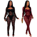 C7637 cross-border   fashion women's sexy see-through lace bodycon jumpsuit