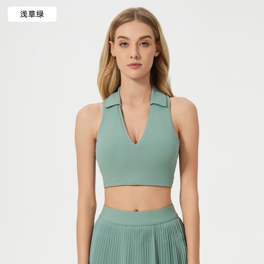 Polo collar sports bra women's quick-dry breathable fitness tennis pleated skirt professional training yoga outfit set