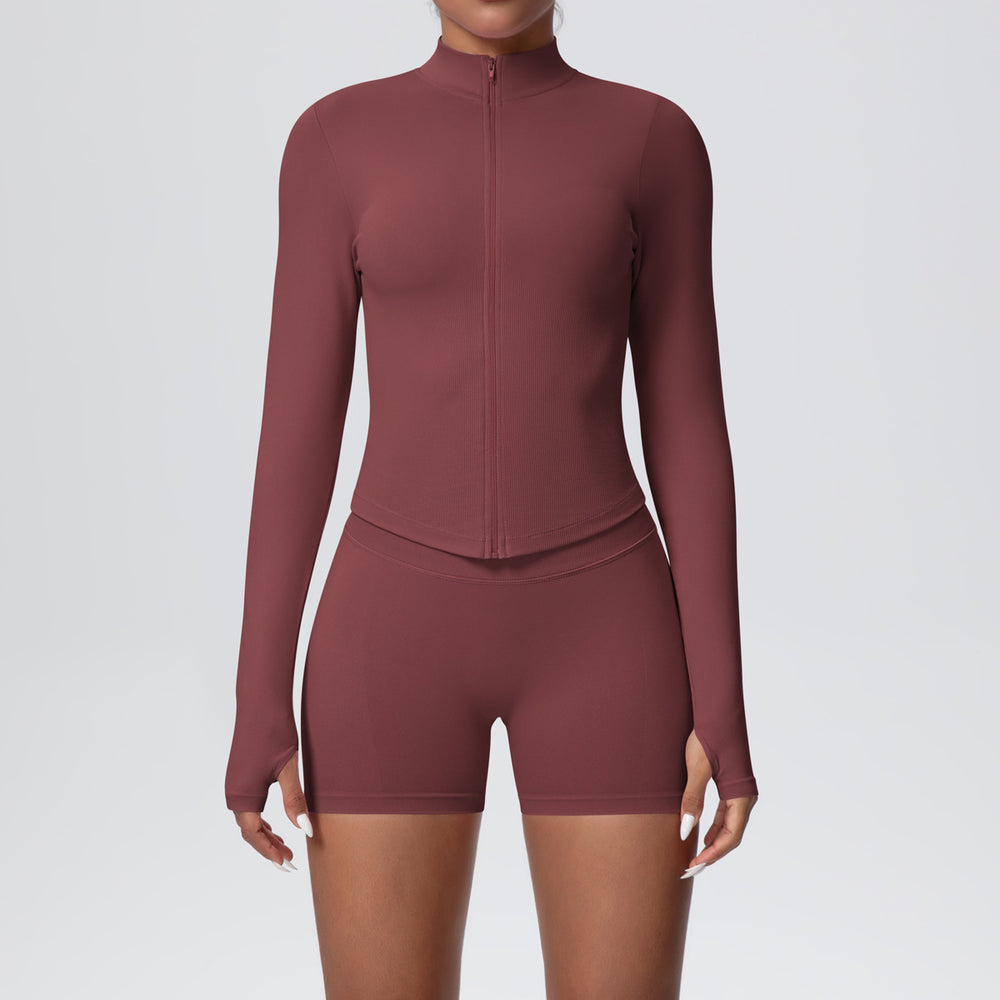 New seamless stand collar knit long sleeve zipper yoga outfit high waist tight sports outdoor running fitness set for women