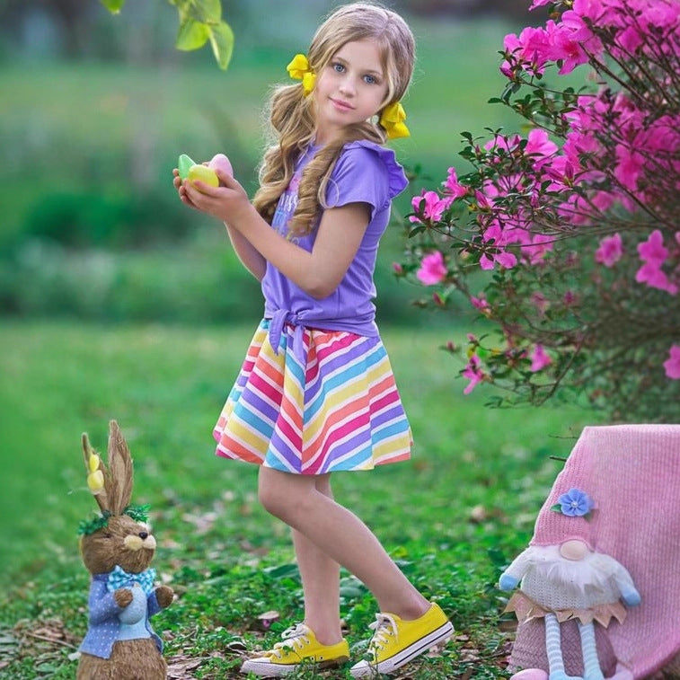 Kids' short-sleeve rainbow stripe top and strawberry mesh skirt set