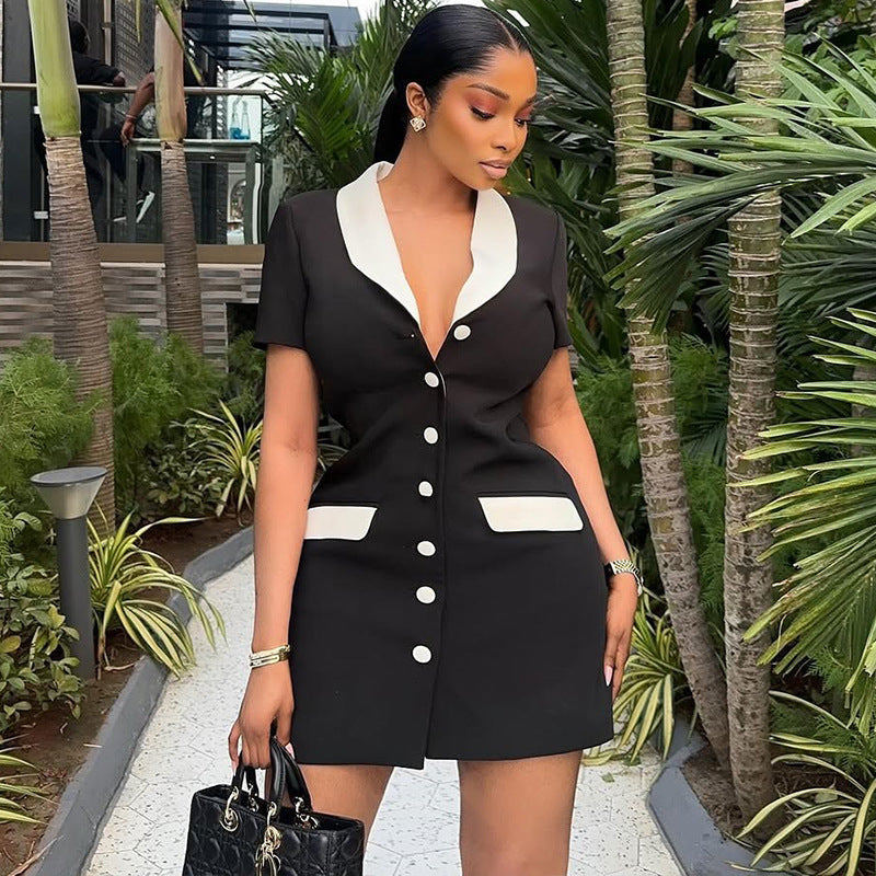 European and American  temperament contrasting women's clothing, black and white waist suit skirt, slim cardigan, V-neck button-down short dress