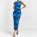 cross-border e-commerce women's fashion: european and american summer new arrivals - sexy sleeveless, cinched waist, slit hem, tie-dye print dress