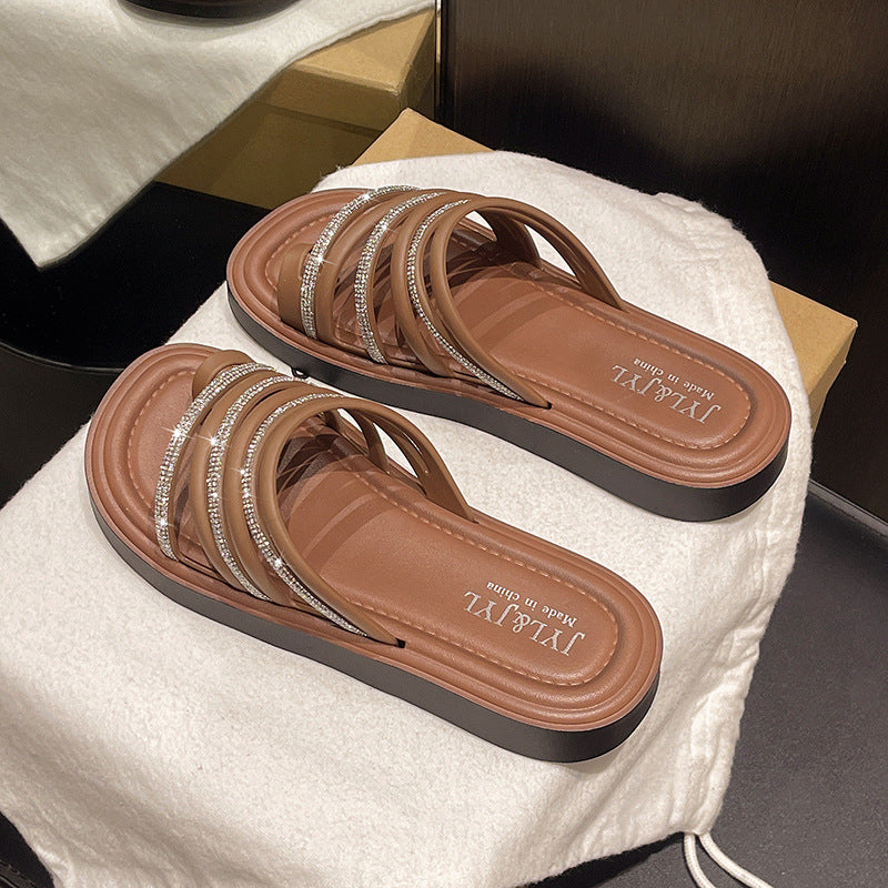 fashion wear-resistant flat sandals women's slippers comfortable rhinestone roman sandals female student beach slippers wholesale