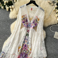 European and american fashion vacation style dress - women's spring collection - court style deep v-neck lace flare sleeve single-breasted printed maxi dress