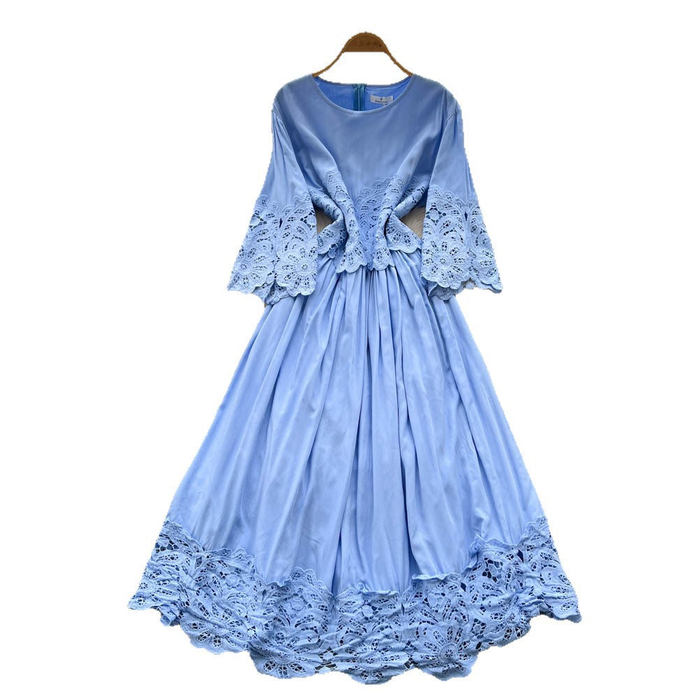French court style three-quarter sleeve dress - women's summer mesh hollow-out crochet design, elegant flowy maxi dress