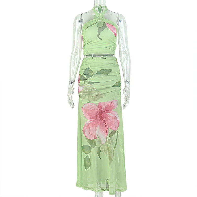 European and american style cross-border casual beach women's printed summer fresh skirt set, criss-cross halter backless trendy two-piece outfit