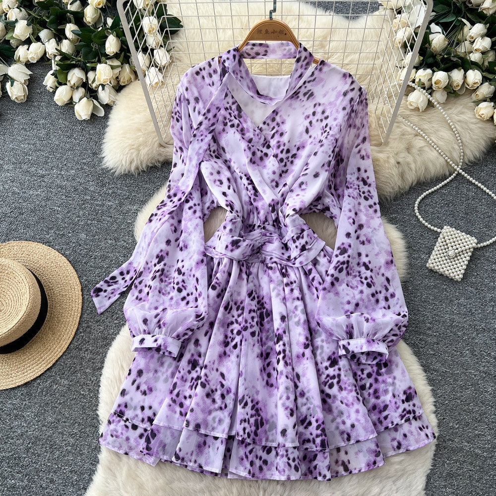 French retroelegancev neck ribbon long sleevesprintingdress women's waist slimming look a line skirt work clothing