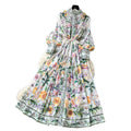 Frenchniche styleclassyprinting stand collar long sleeves waist a-line dress female summer lazy elegant long skirt