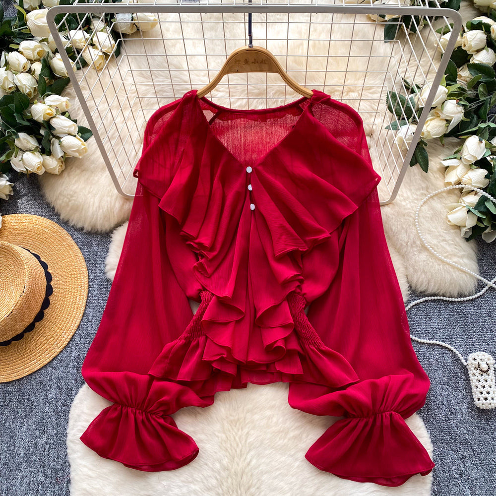 French work clothing style comfortable breathable rufflesshirt women's summerlong sleeves pink girlloosecardigantops