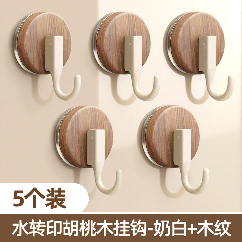 Walnut wood grain suction cup hooks - no drilling, heavy duty, over-the-door organizer for backpacks, hats, bathroom storage