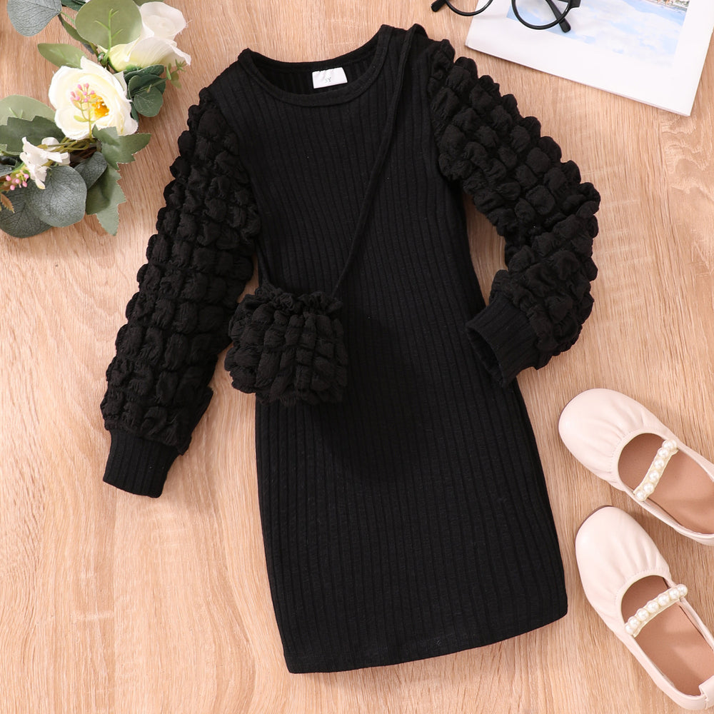 Popular autumn long-sleeve ribbed knit bubble sleeve dress with bag for toddlers and young children - cross-border exclusive
