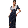 Amazon european style retro casual elegant polka dot pattern puff sleeve single-breasted elegant long dress