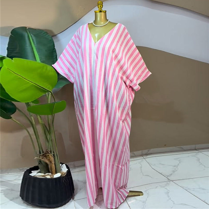 European and american cross-border women's clothing:  autumn new arrivals - sweet, fresh, loose-fit plus size striped v-neck batwing sleeve dress