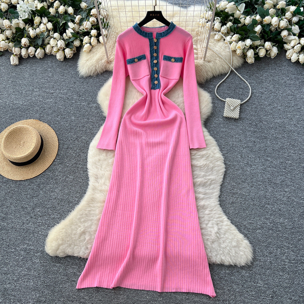 French chic color block knit dress with metal buckle detail - round neck, long sleeves, and cinched waist