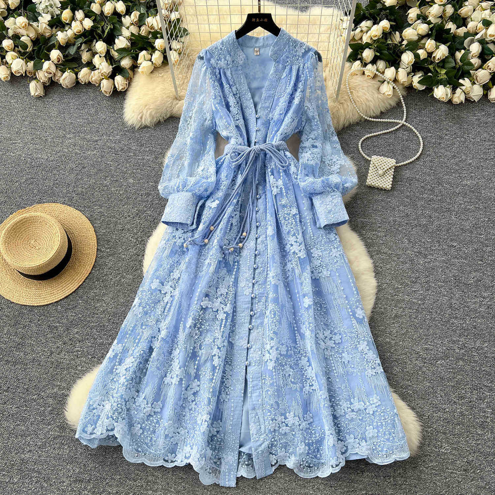 French high-end women's dress - spring  collection: cinched waist, exquisite embroidery, v-neck, lantern sleeves, single-breasted long dress