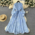 French high-end women's dress - spring  collection: cinched waist, exquisite embroidery, v-neck, lantern sleeves, single-breasted long dress