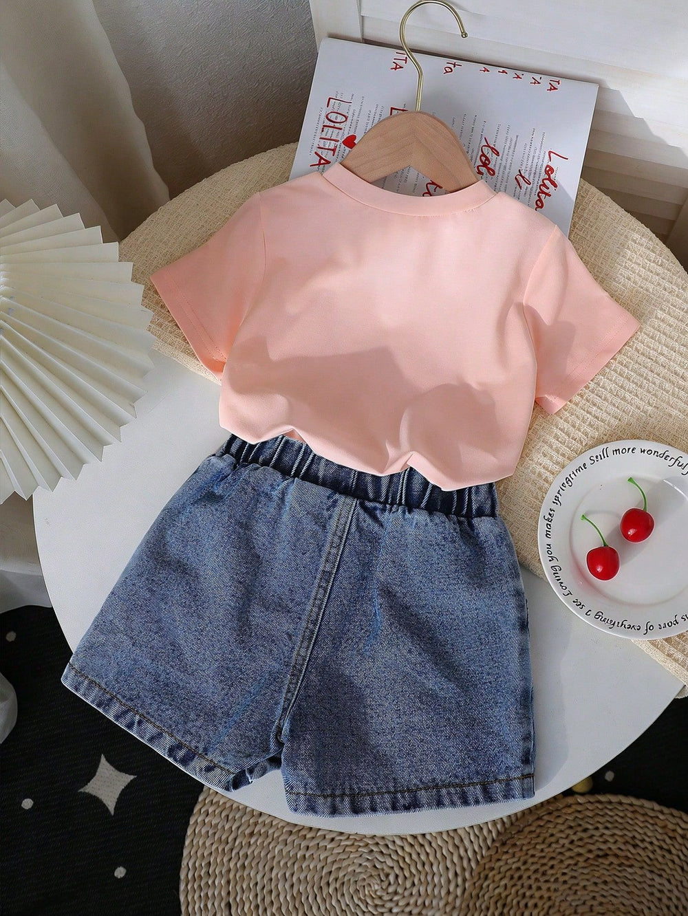 new cross-border girls' round neck printed knit top and denim beaded embroidered jeans two-piece set