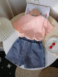 new cross-border girls' round neck printed knit top and denim beaded embroidered jeans two-piece set