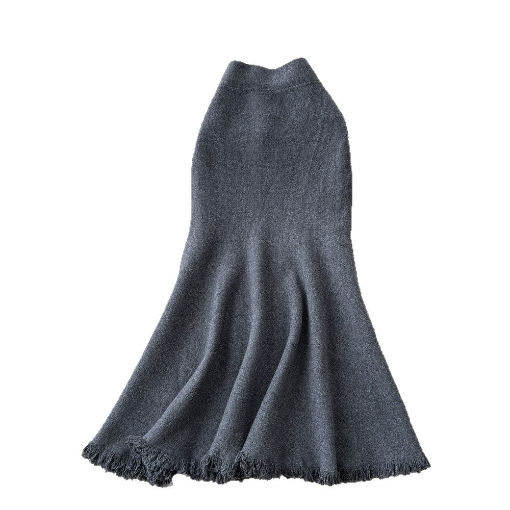 Frenchhigh waisteasiest for match skirt women fall and winter2025new arrivalclassy slimming look silm tassel fishtail knitting skirt