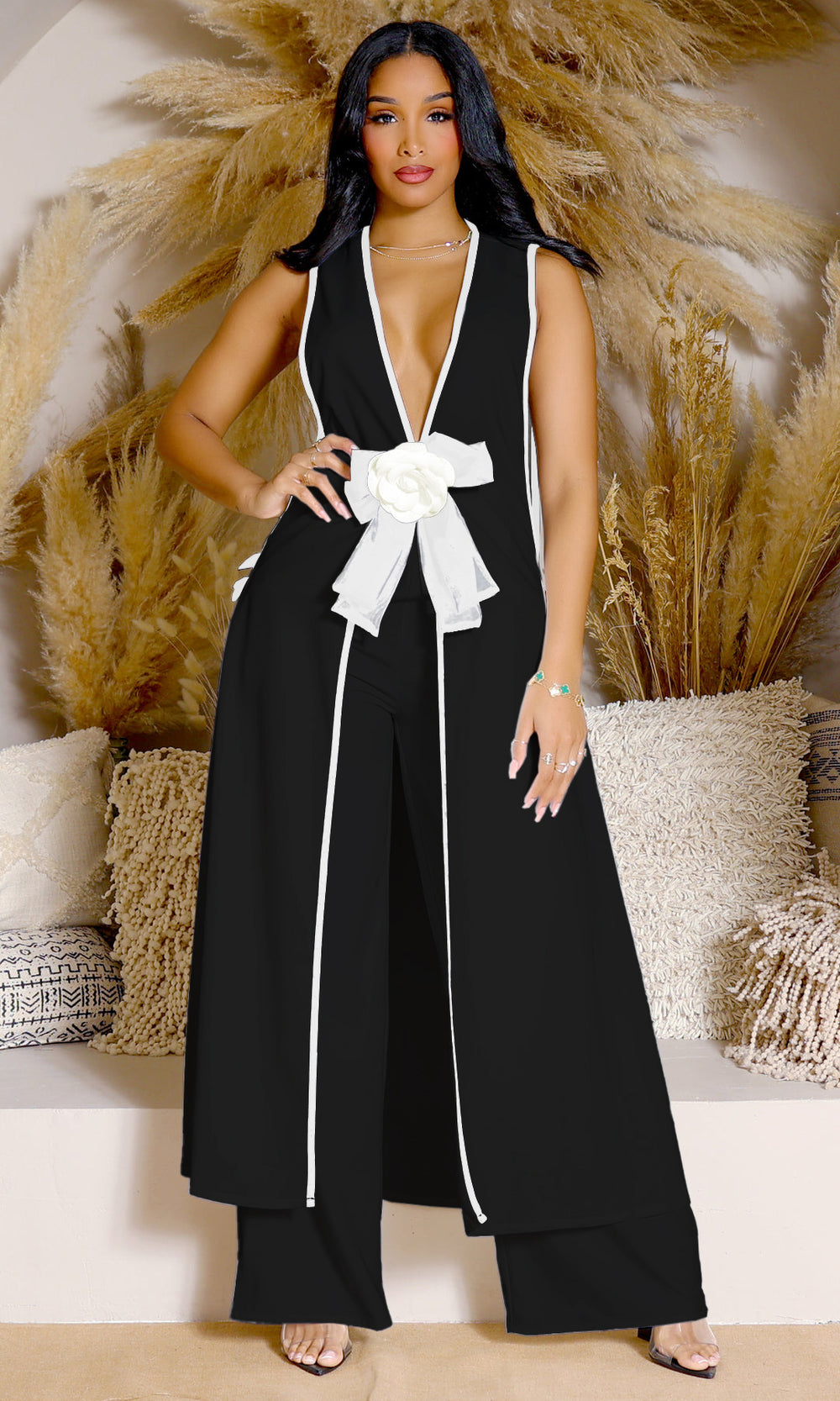 Hot-selling fashion european and american women's suit sexy camellia bow sleeveless long tank dress wide-leg pants set