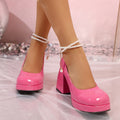 Red chunky heel 9cm plus size mary jane pumps - platform, patent leather, beaded detail, waterproof