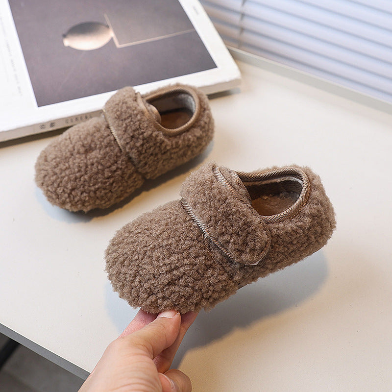 Vancahao girls' fall/winter fleece-lined lambswool outdoor cotton shoes,  new korean style cute fluffy shoes for kids