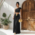 C7675 cross-border   fashion women's sexy one-shoulder cropped top and midi skirt set