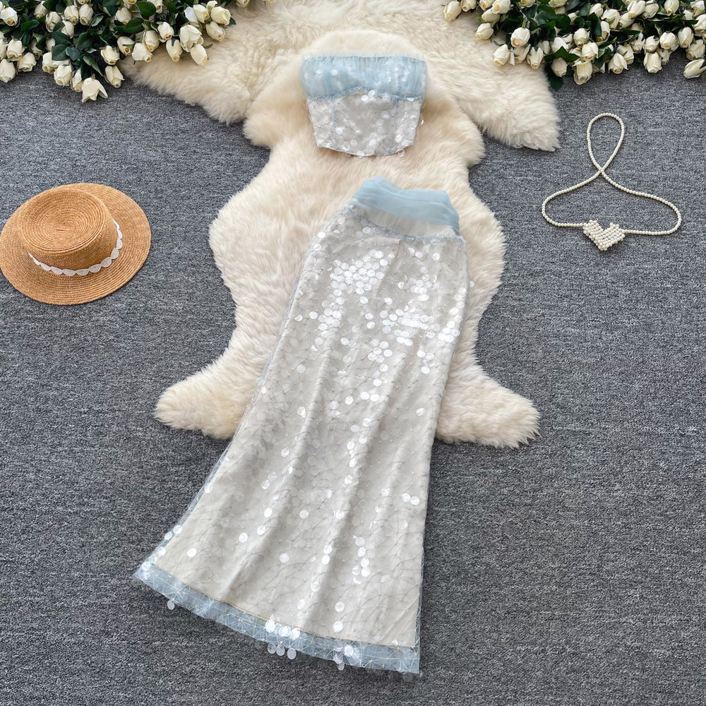 Light mature style classy sense of sequintwo-piece set female summer heavy industry mesh eleganceelegantwork clothingfashionsuit