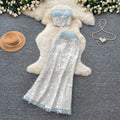 Light mature style classy sense of sequintwo-piece set female summer heavy industry mesh eleganceelegantwork clothingfashionsuit