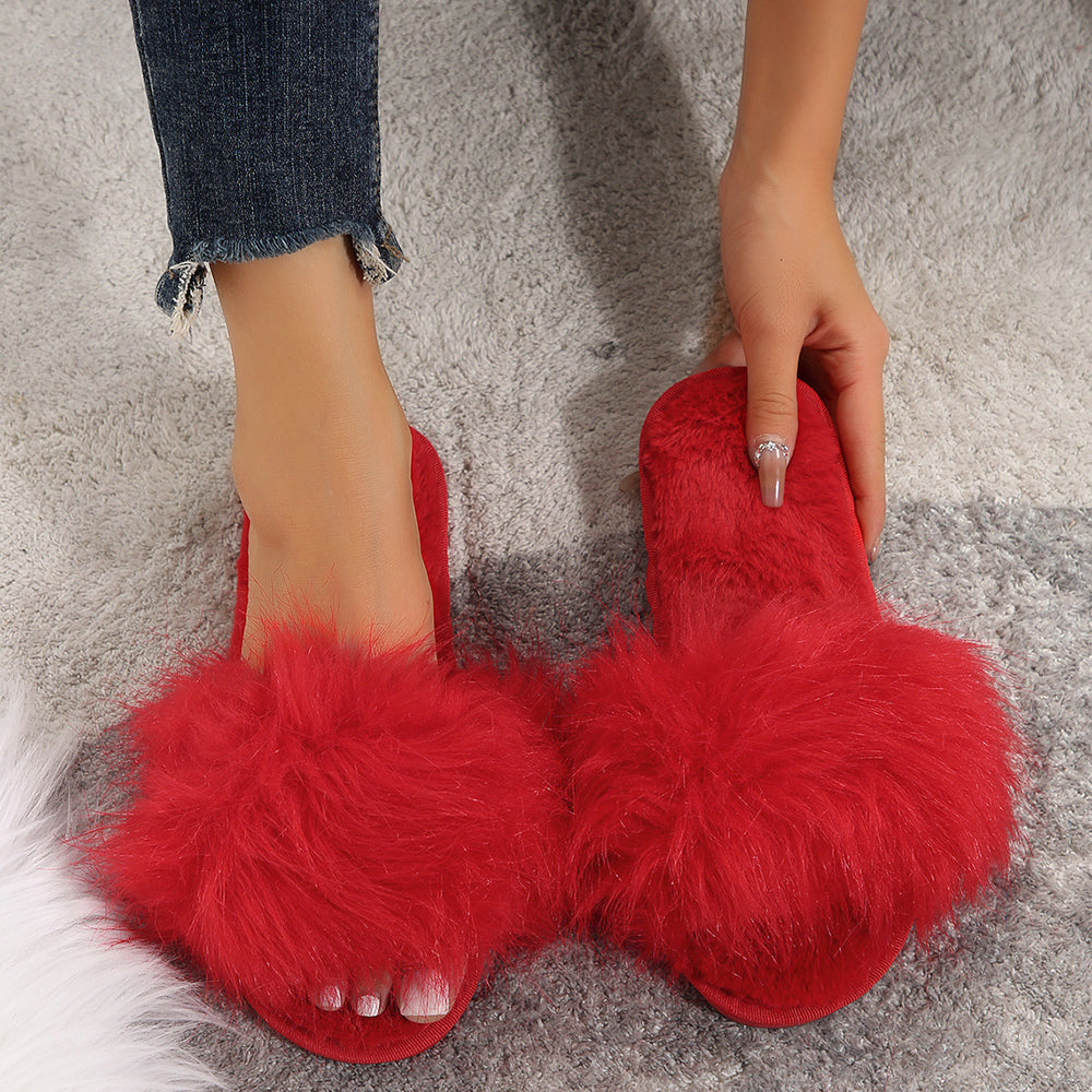 Solid color slippers women's winter home indoor floor slippers flat bottom warm open toe stuffed slippers